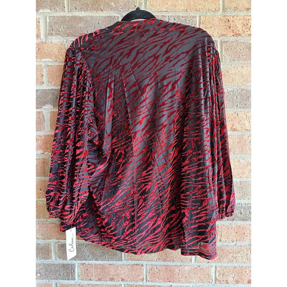 Calessa Red Zebra Striped Velvet Sheer Blouse Size 1X - Picture 2 of 5